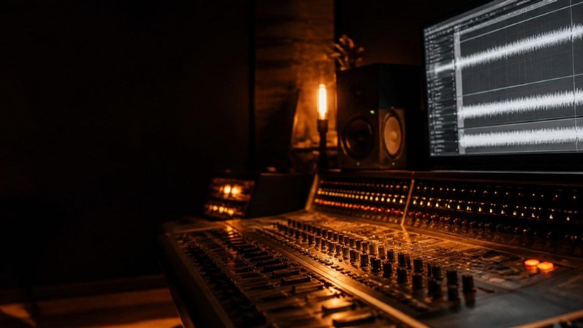 Cosa facciamo con il suono: studio di registrazione al buio con mixer e forme d’onda